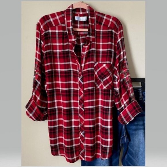 Red Long Sleeve Button Down Blouse with Embroidered Sleeves - Picture 1 of 3